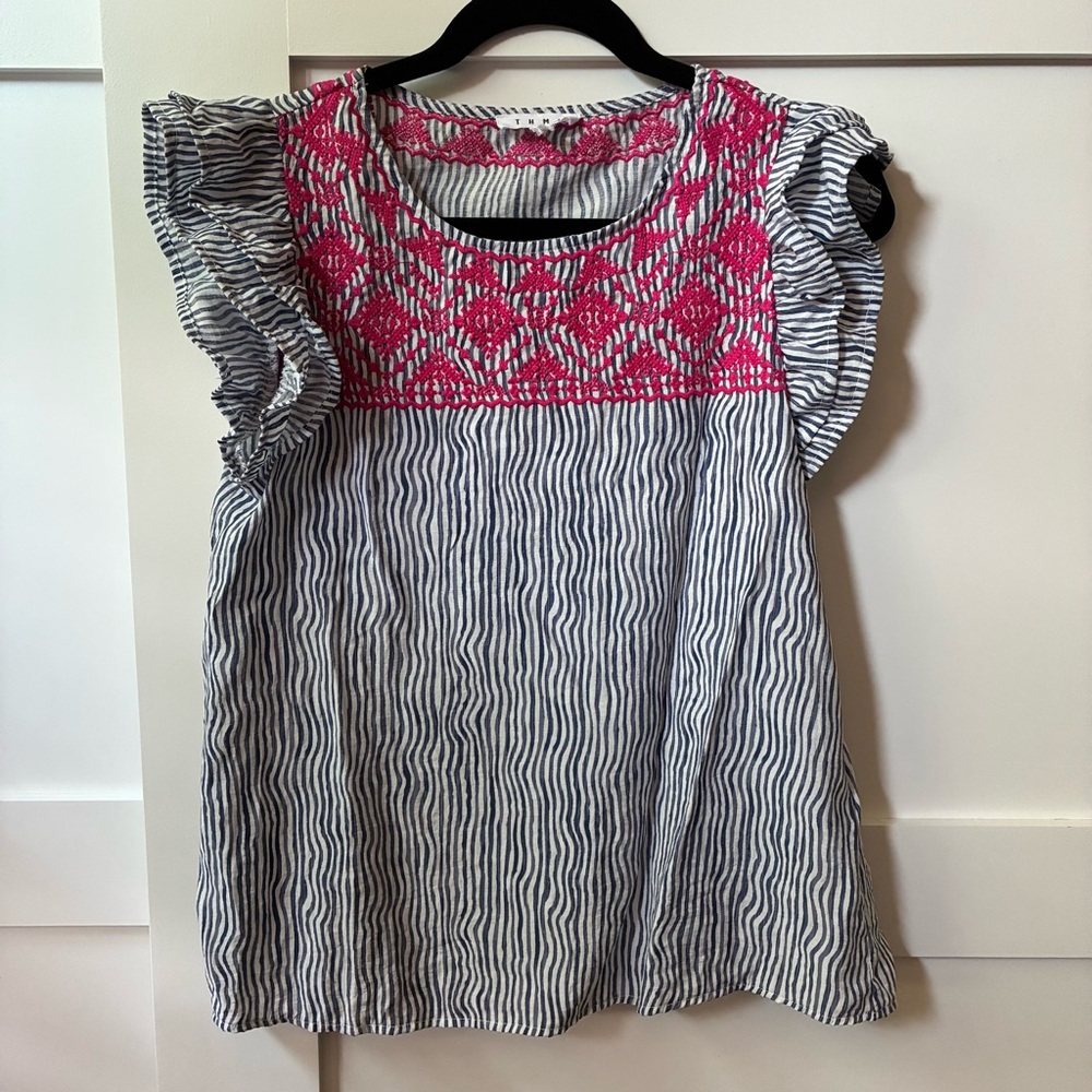 THML Navy and Pink Embroidered Top